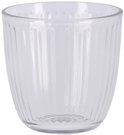 Un verre Bormioli Rocco transparent avec des côtes verticales sur fond blanc.