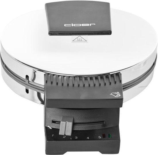Chroomkleurig wafelijzer met zwart handvat en instelbare temperatuurregelaar.