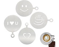 Koffie Sjablonen - Latte Kunst - Koffie Decoreren - Roestvrij Staal - 4 Patronen - Zilver