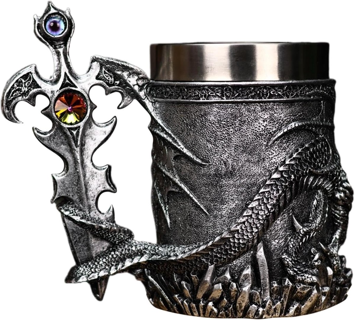 Middeleeuwse Mok - Draken Beker - Dranken Serveren - Gedetailleerd Drakenontwerp - 600 ml - Zilver