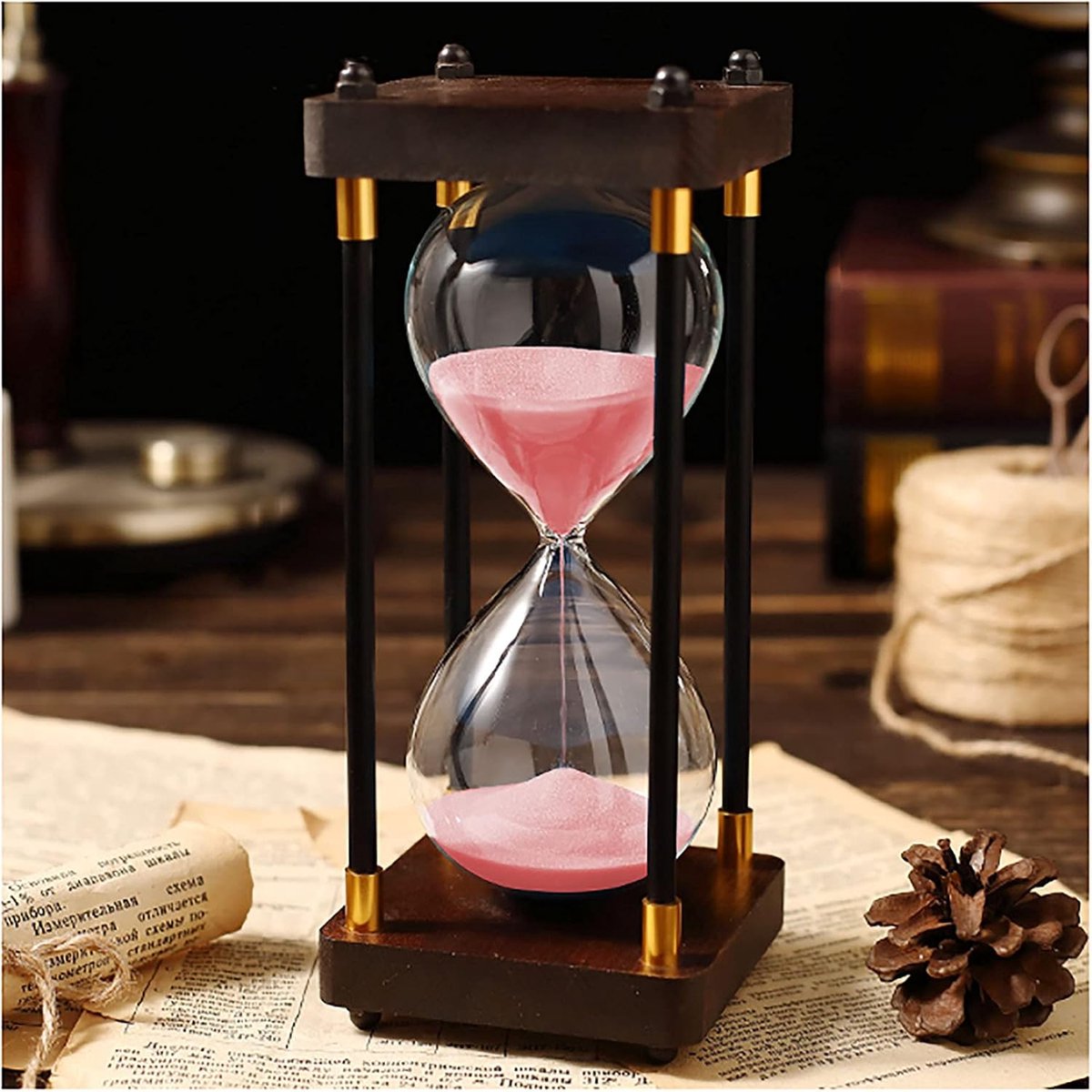 Zandloper Timer - Zandklok Ornament - Tijdsmeting Keuken - Houten Frame - 19 cm Hoog - Roze