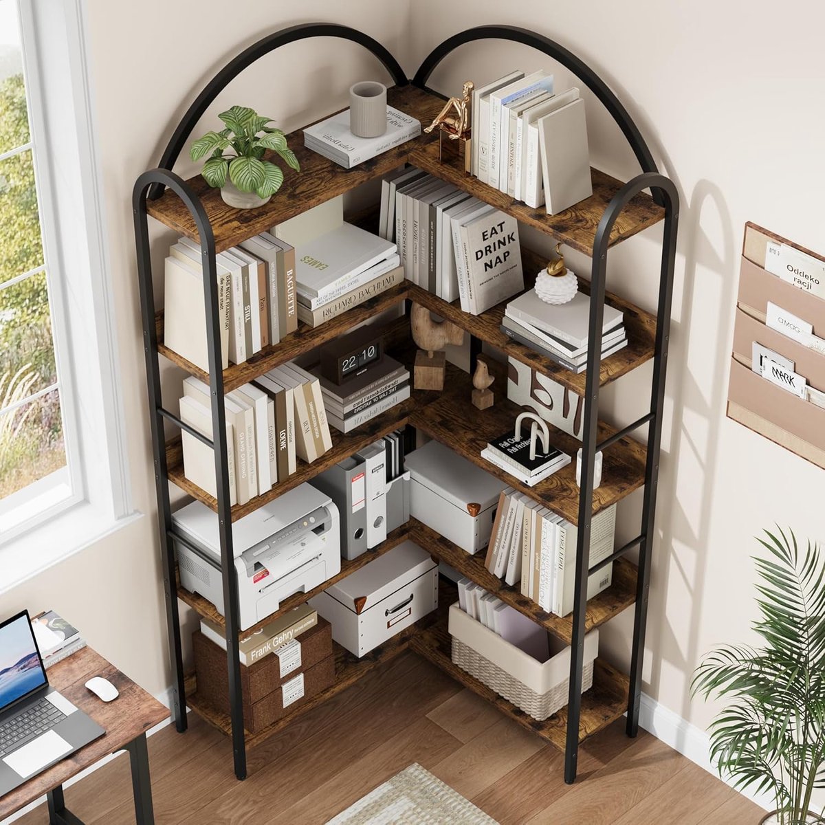 5-laags opbergrek- hoekboekenkast- boekenkast in industriële stijl voor kantoor- woonkamer of slaapkamer- 80 * 24 * 174 cm- retrokleur