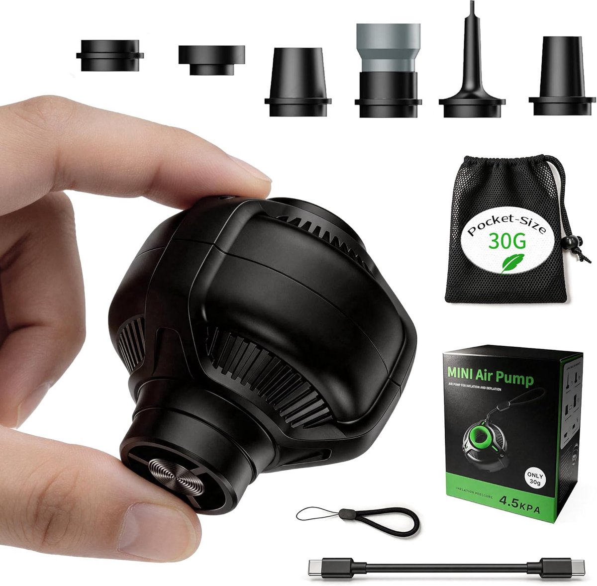 Mini Luchtpomp - Draagbare Pomp - Kamperen en Reizen - Ultralicht 30g - USB-C Powered - Zwart