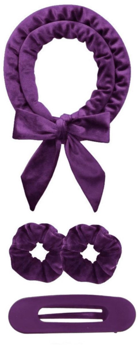 Deze set met hittevrije krultang bevat een zachte en comfortabele haarband, geschikt voor krullen die je 's nachts laat zitten of voor dagelijks gebruik,Paarse 4-delige set