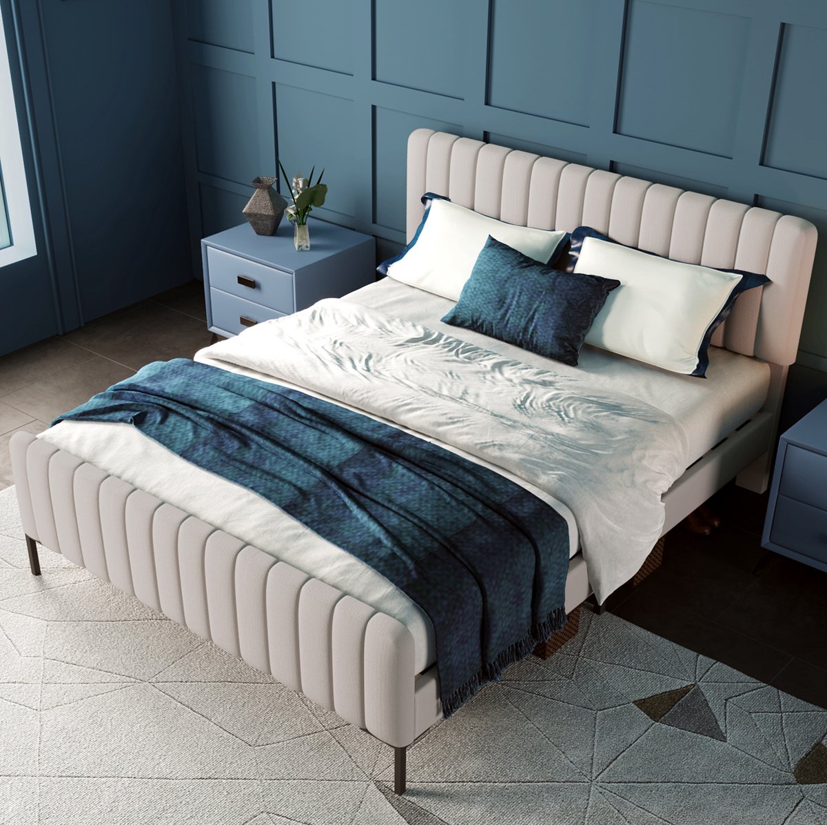 MEUNIQ gestoffeerd tweepersoons bed 140 x 200 cm met lattenbodem en verstelbaar hoofdbord, bedframe voor slaapkamer of logeerkamer in grijs en beige Grijs-beige