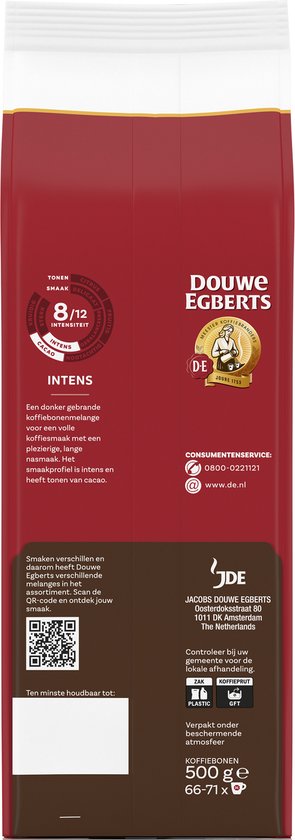 Rode Douwe Egberts verpakking met intensiteitsindicator 8/12 en informatie.