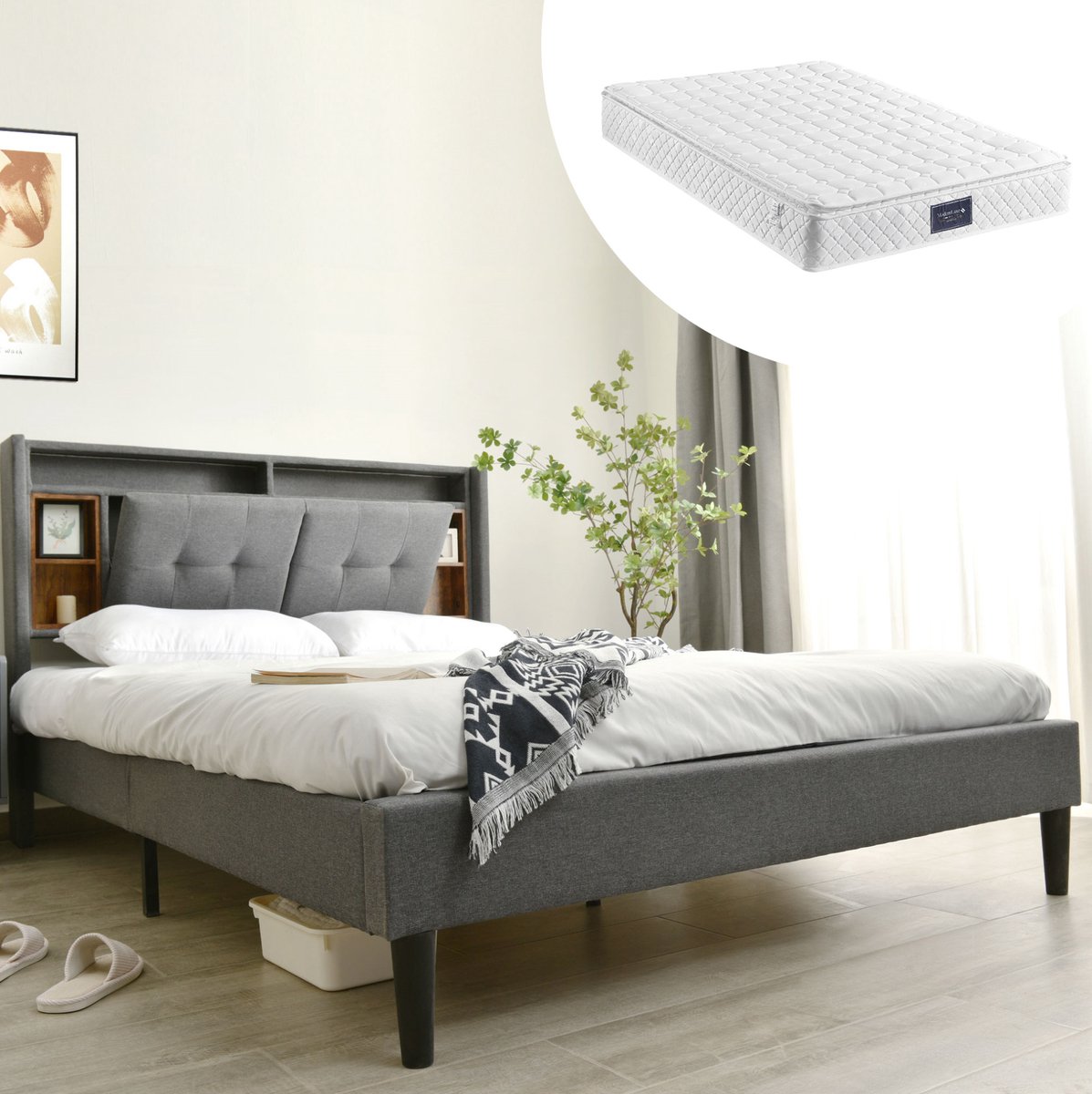 MEUNIQ Polsterbed 140x200 cm met opberg-hoofdbord, USB-aansluitingen en LED-verlichting, bedframe voor slaapkamer, grijs