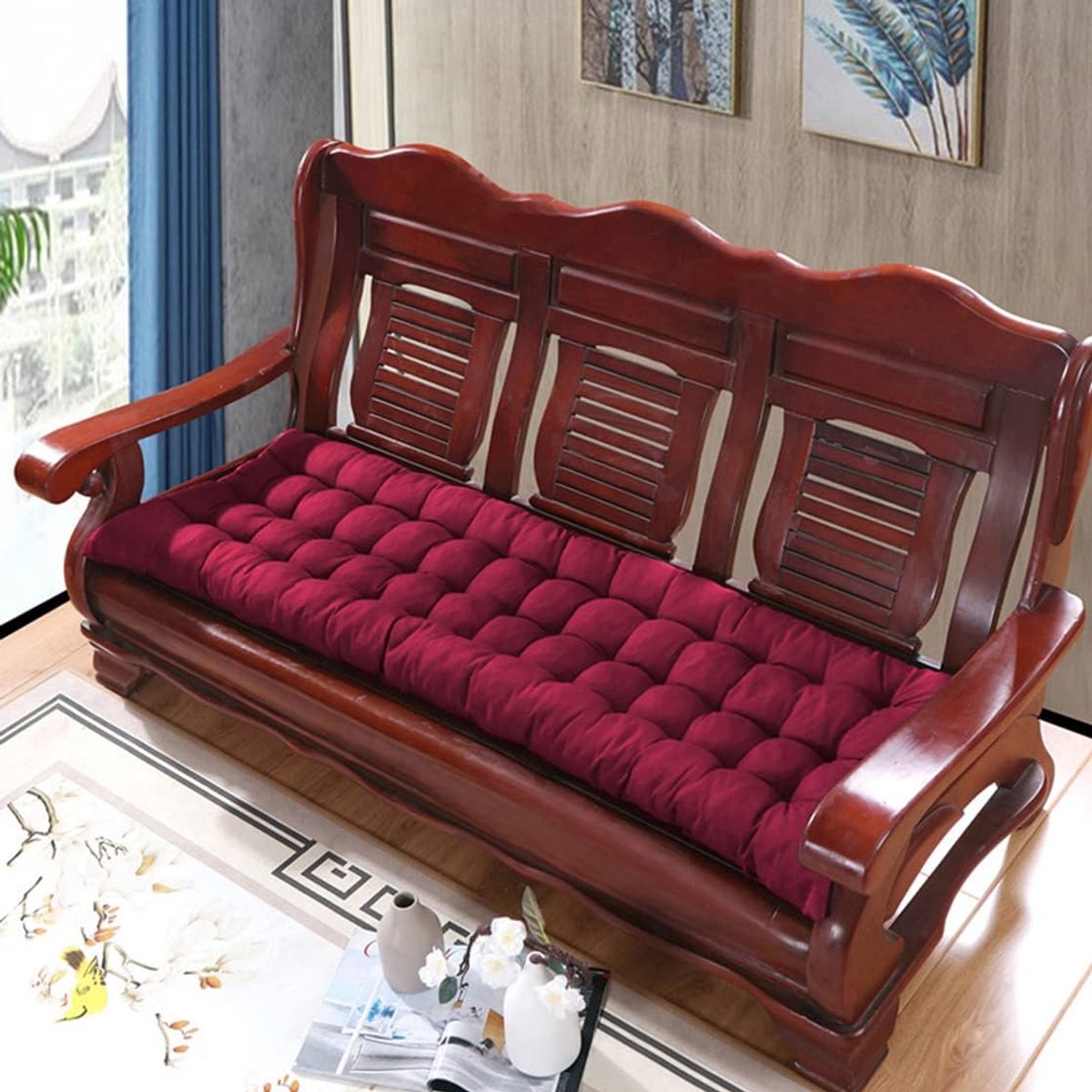 Bankkussen Dik - Zitkussen Buitenbank - Comfortabel Zitten - Antislip Bevestiging - 80 x 40 cm - Rood