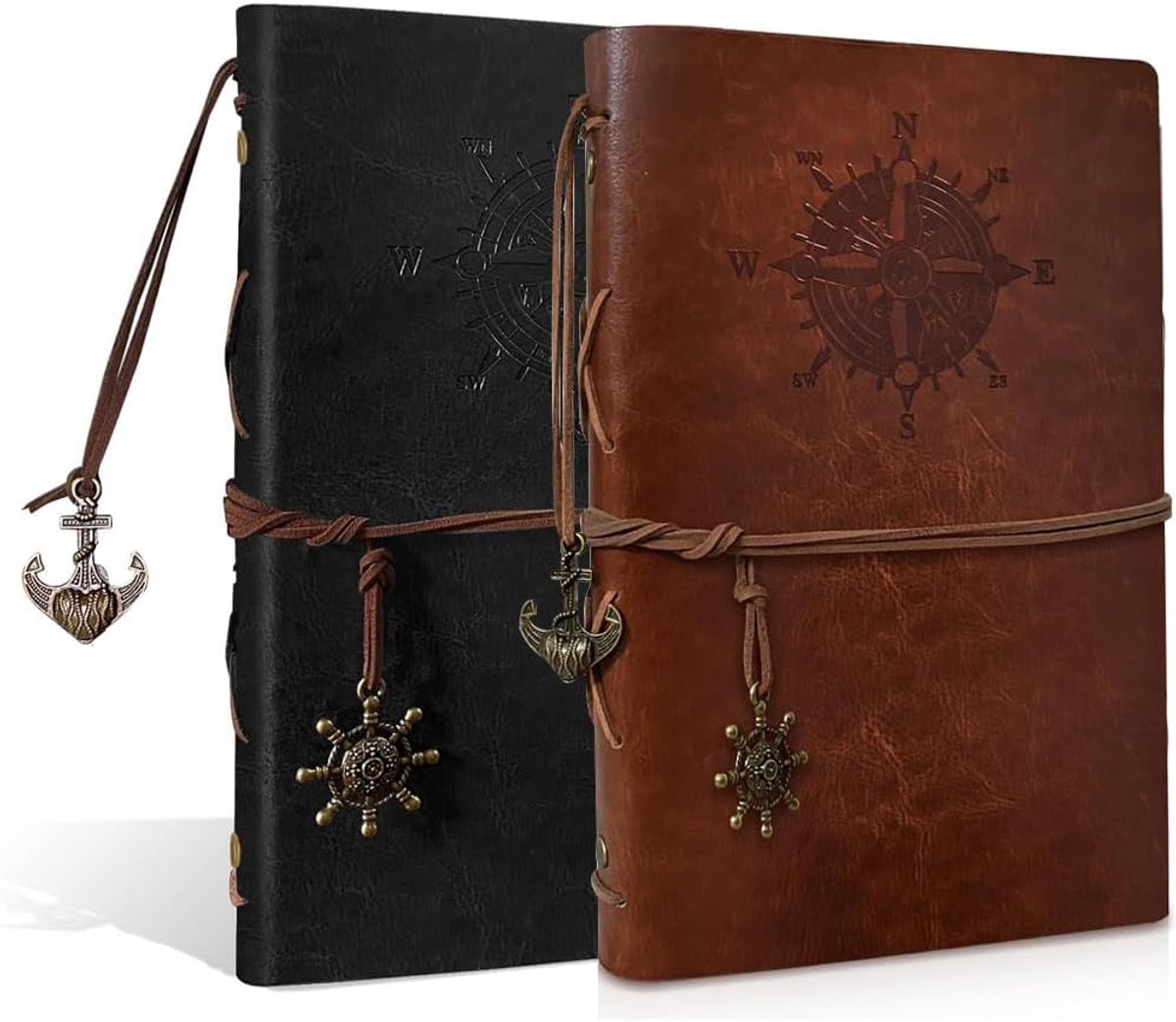 SnelShoppen - 2 Stuks Vintage PU Leren Notitieboek A6 - Spiral Binding Refillable Reiskladblok voor Mannen en Vrouwen - Zwart en Bruin - Perfect voor