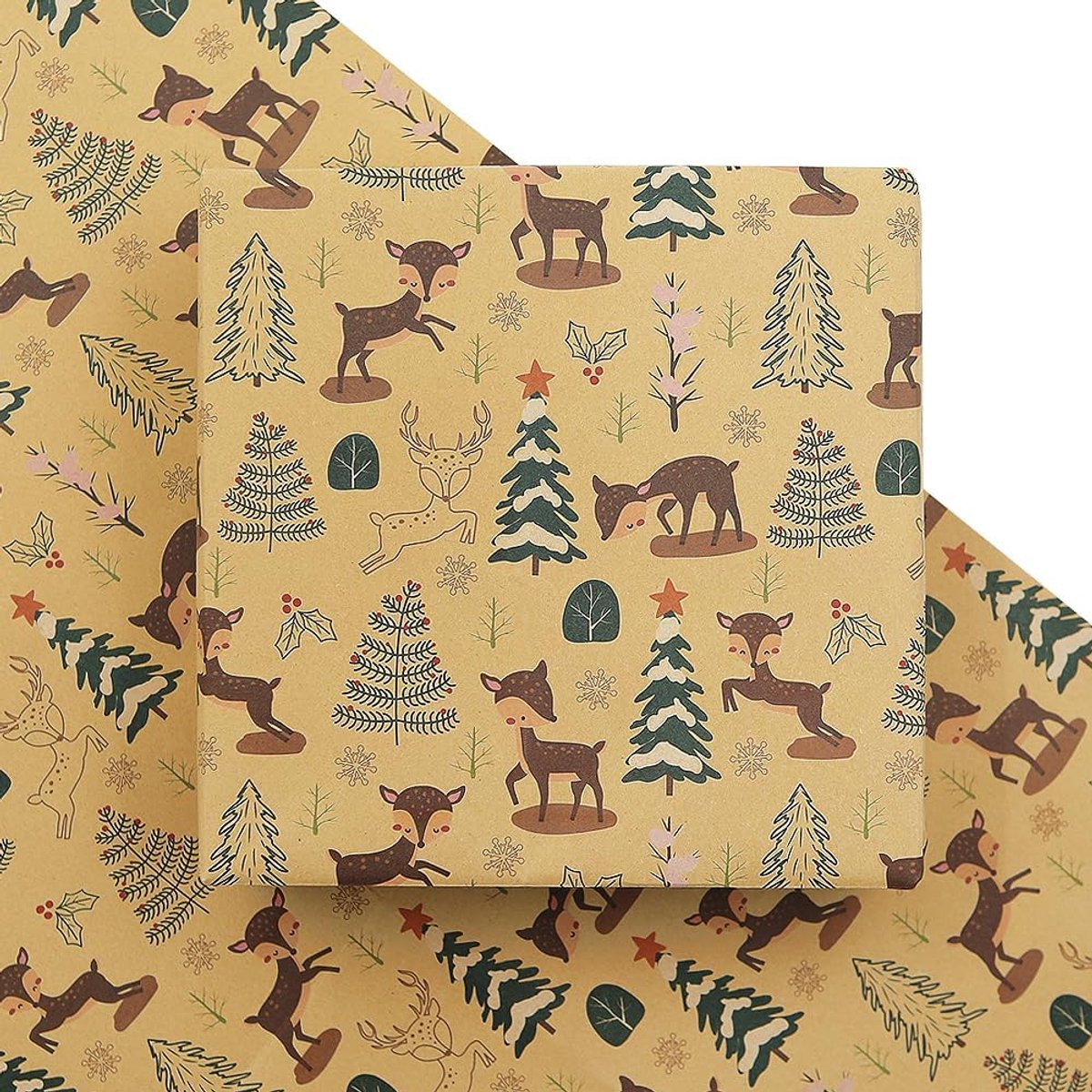 SnelShoppen - Kerst Kraft Inpakpapier 4 Vellen, Geschenkpapier met Eland, Sika Hert, Hulst en Dennenboom, 50,8 x 71 cm, Voor Verjaardag, Babyshower, N