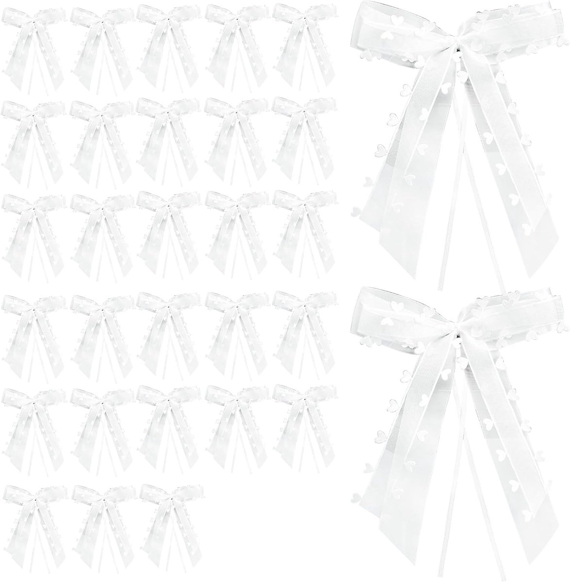 SnelShoppen - 30 Stuks Witte Auto Bogen met Hartjes - Huwelijk Versiering - Satijn Ribbons voor Auto Decoratie - 22x13cm voor Tafel en Feest