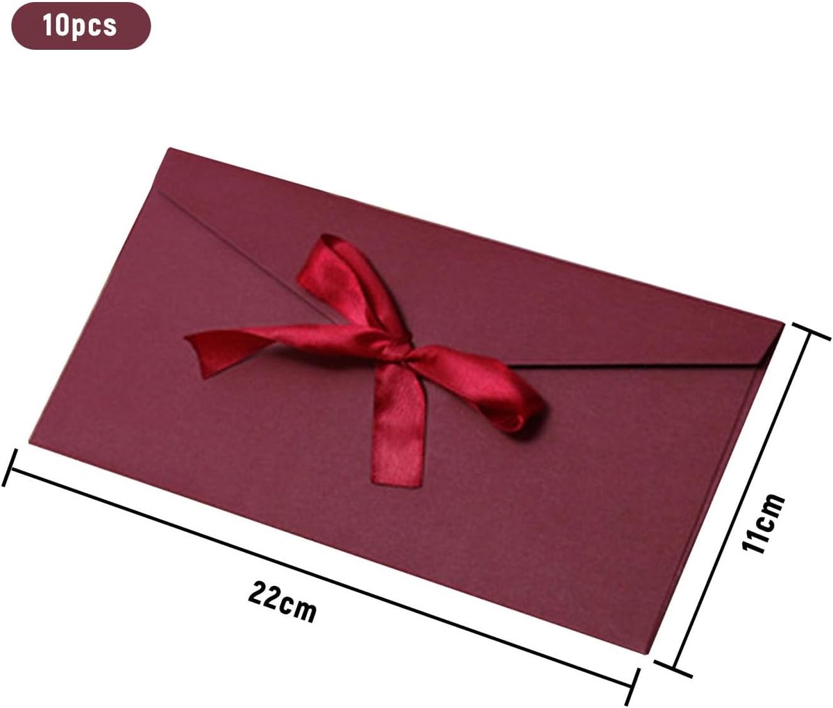 SnelShoppen - 10 Stuks Vintage Kraft Papier Enveloppen met Strik - Elegante Rode Uitnodigingskaarten - 22x11cm - Perfect voor Verjaardagen en Feesten