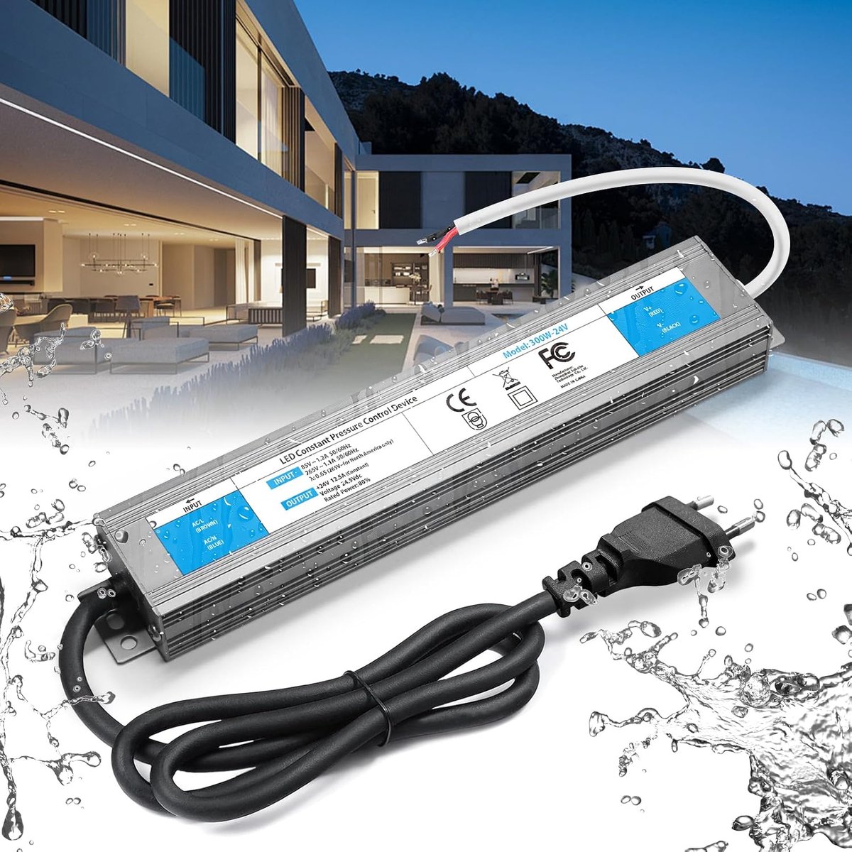 Transformator LED 220V aan 24V 300W 12,5A Outdoor Waterdichte IP67 Voeding 220V aan 24V DC Driver Low Voltage Constant Current Controller, Geschikt voor LED Lights Strip