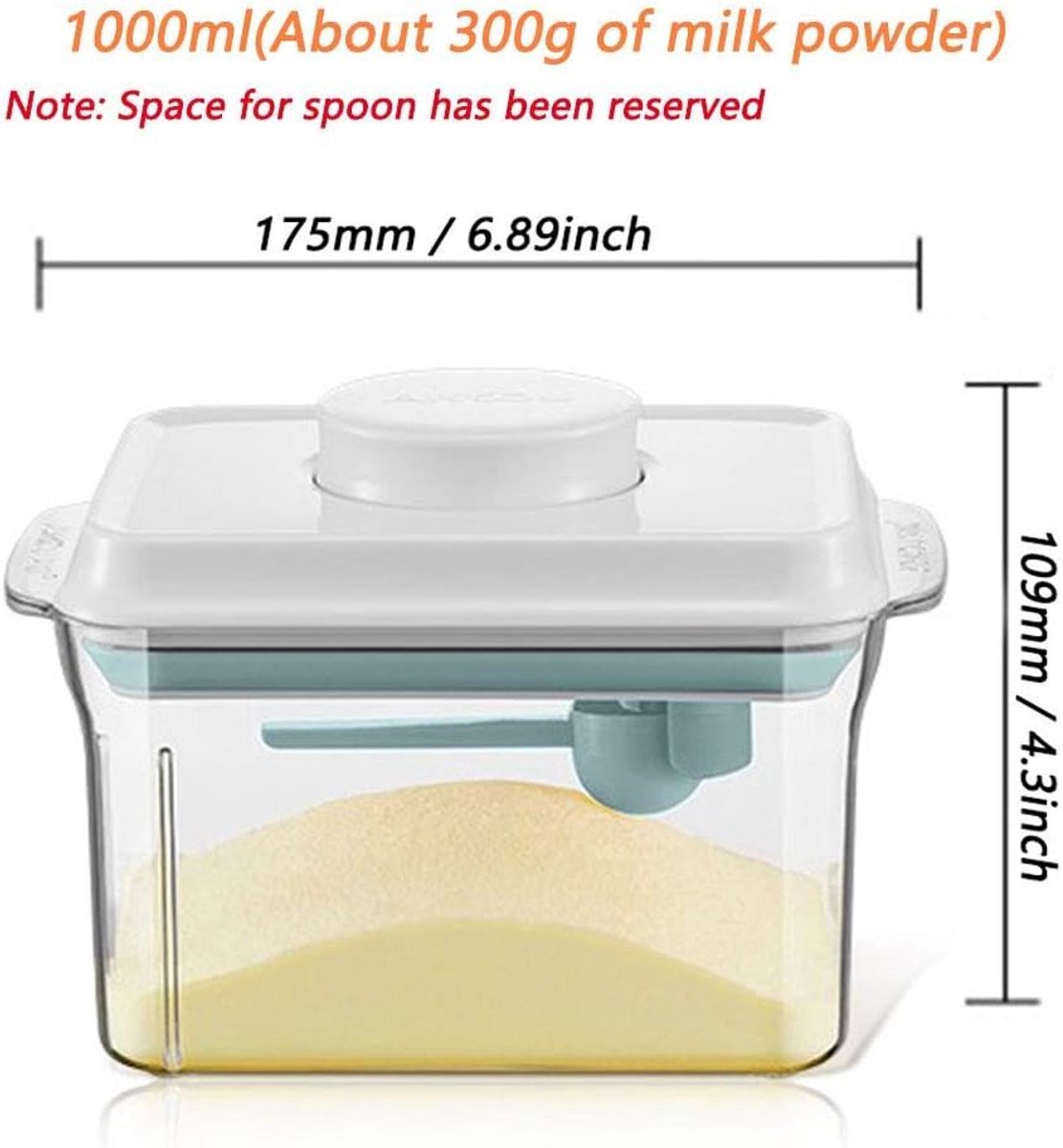 1 liter, luchtdichte melkpoederdispenser, draagbare melkpoederbox, melkpoeder, houder met lepel, bediening met één hand, afneembaar, voor het bewaren van babymelkpoeder, groenten en levensmiddelen