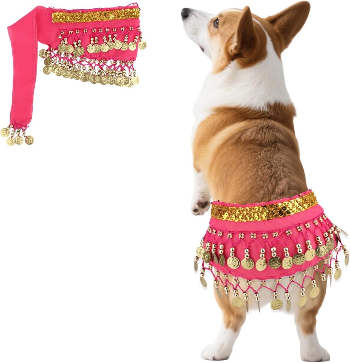 Buikdanser Rok, Glitter Buikdans Heupdoek voor Corgis Honden Taillewikkel met Pailletten Aanpasbaar Puppy Danskostuums voor Halloween Feestvieringen Optredens (Roze)