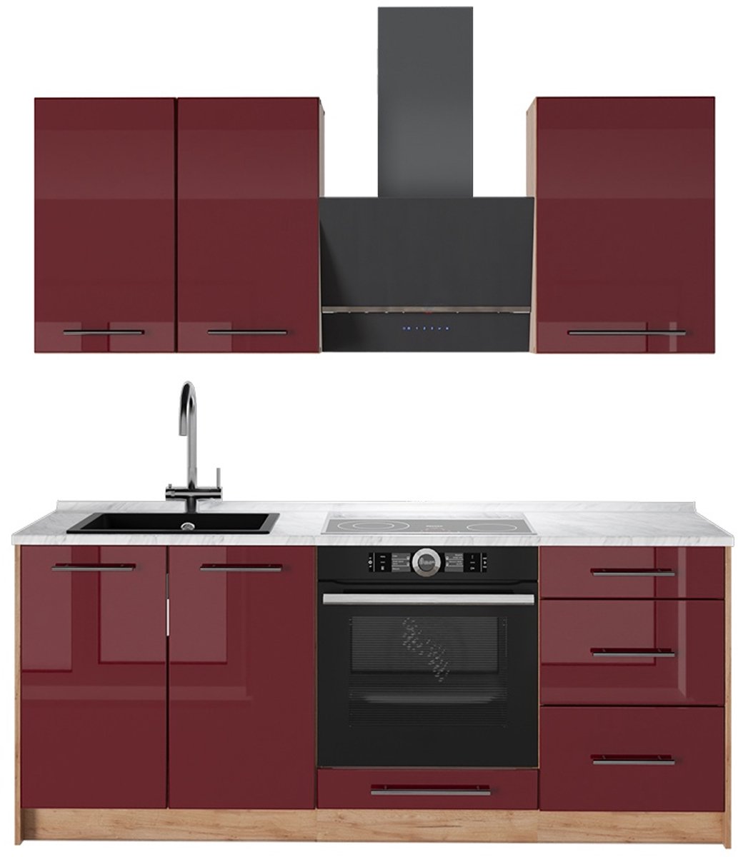 Vicco Eenpersoonskeuken Fame-Line, Bordeauxrode hoogglans/Goudkleurig Eiken, 190 cm, WB Marmer