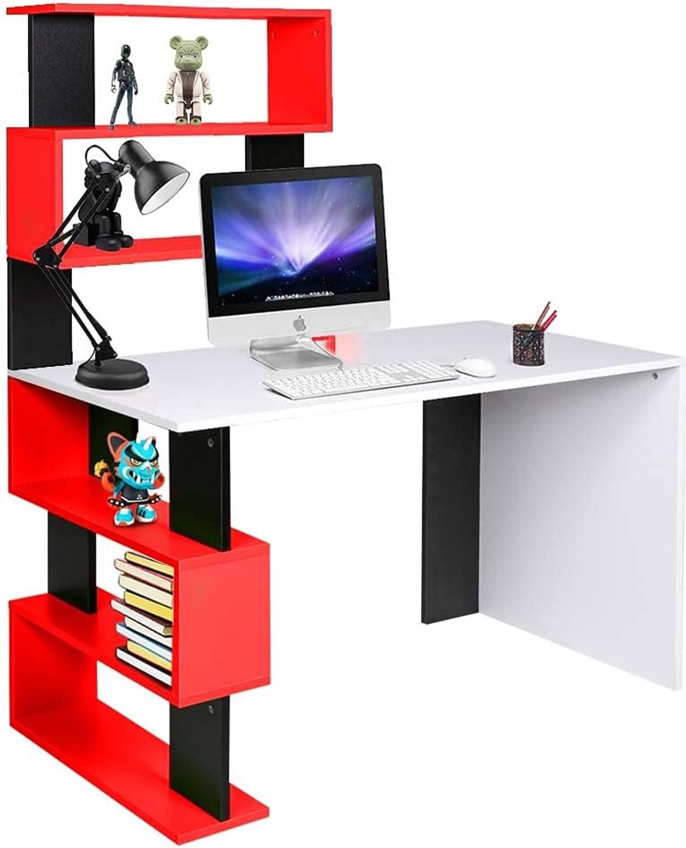 Bureau met dubbele boekenkast, 7 planken, werktafel, pc-computer, frame en tafelblad van MDF-hout, meubels voor thuis, kantoor, slaapkamer, modern design, 120 x 60 x 148 cm (rood)