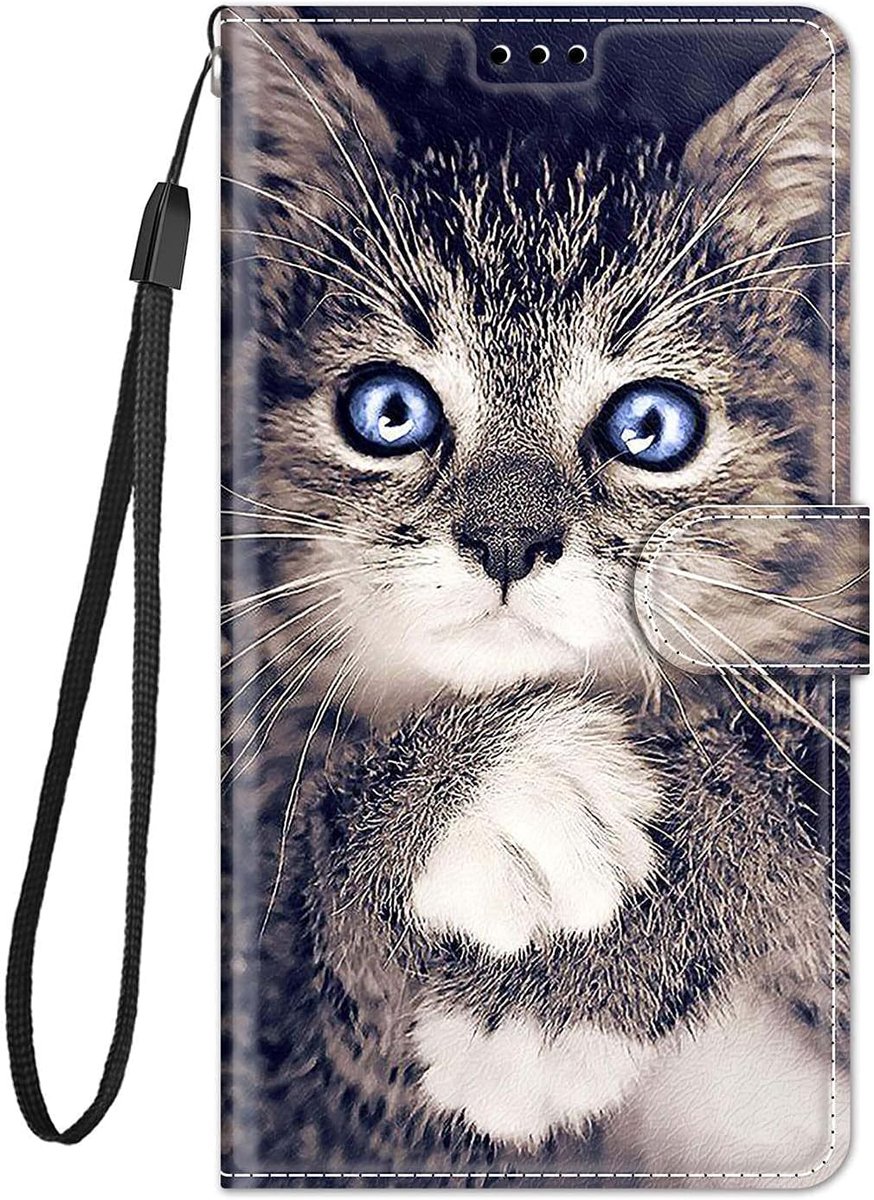 leren hoes voor mobiele telefoon voor Samsung Galaxy A57 5G, hoes met patroonmotief, leren hoes, inklapbare beschermhoes, 360 graden stootvast cover met kaartvak, klaphoes flip case - grijs kat