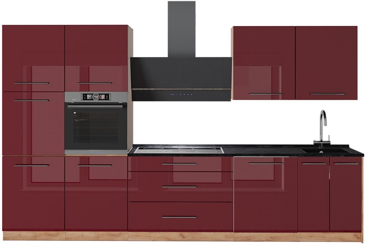 Vicco Complete keukeneenheid Fame-Line, Bordeauxrode hoogglans/Goudkleurig Eiken, 340 cm, WB Antraciet
