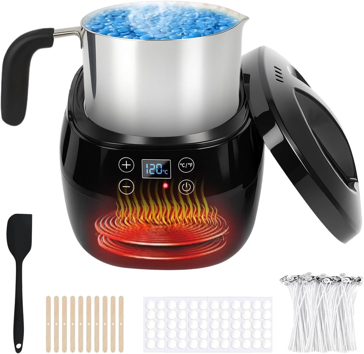 wasmelter, 1L met LED-temperatuurindicator, wasmeltpot met gietlip voor het maken van kaarsen incl. kaarspitjes, stickers, centrumapparaat & roerlepel – Set om zelf kaarsen te maken