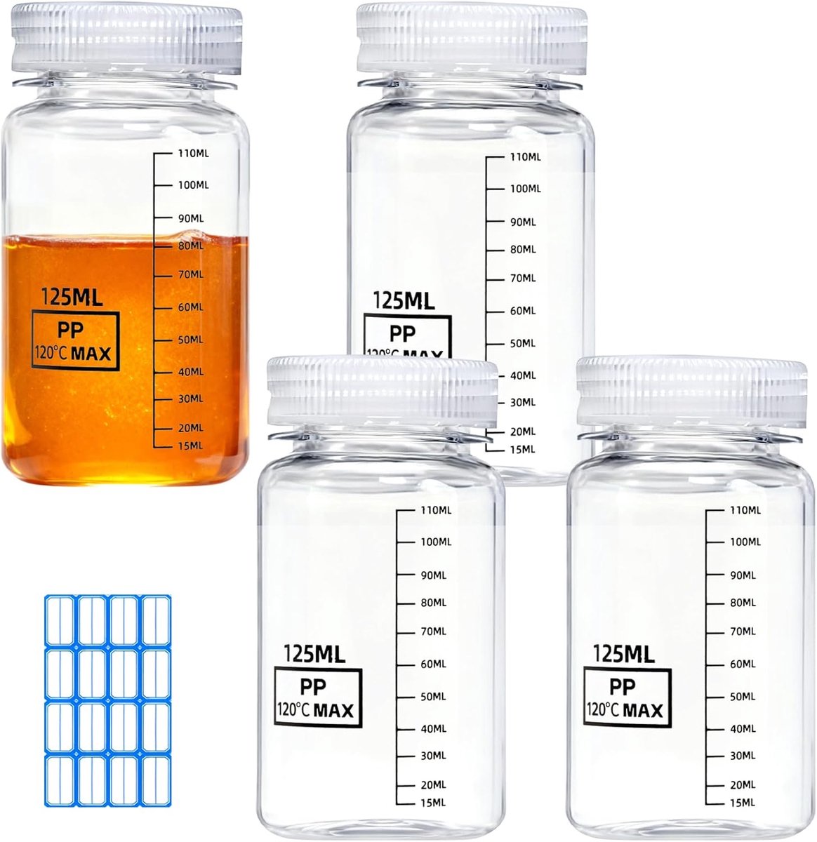 Set van 4 kunststof flessen met brede gegradueerde hals, 125 ml, lege laboratoriumflessen, lekvrij, hogedichtheidspolyethyleen, voor watermonsterflessen