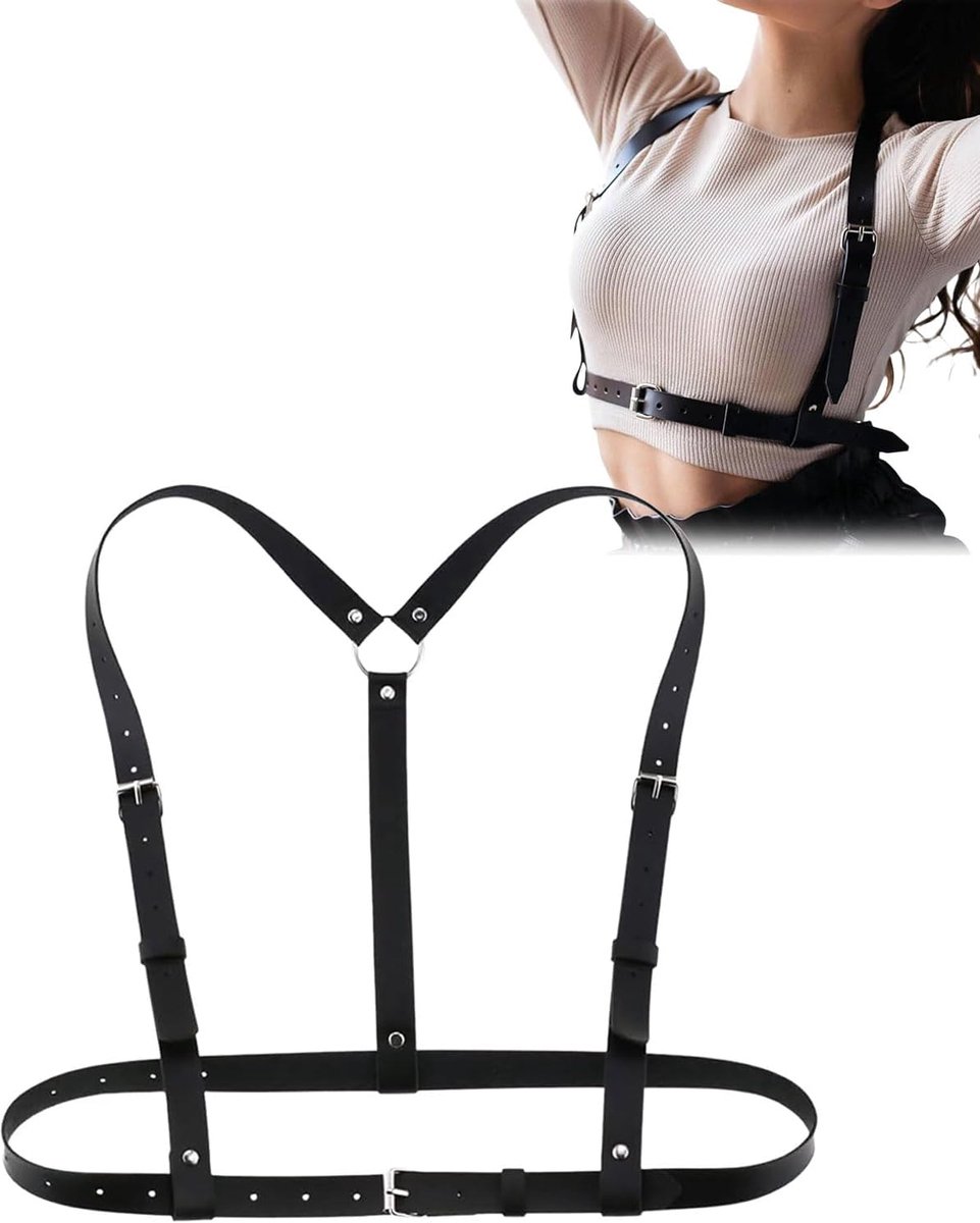 dames bovenlichaam, 1 stuk punk lederen lichaamsketting dames lederen riem lichaam borst ketting harnas zwarte lichaamsketting taille riem verstelbaar voor vrouwen meisjes cosplay