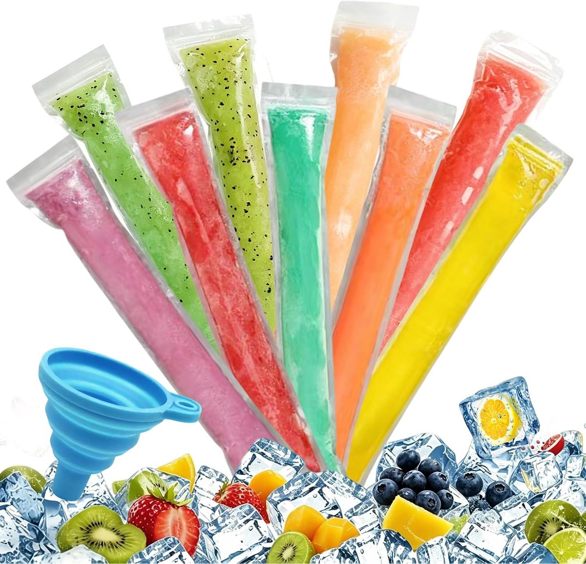 ijszakken, 300 stuks, 5,5 x 28 cm, waterijszakken met trechter, waterijszakken voor sap, yoghurt, ijs, smoothies