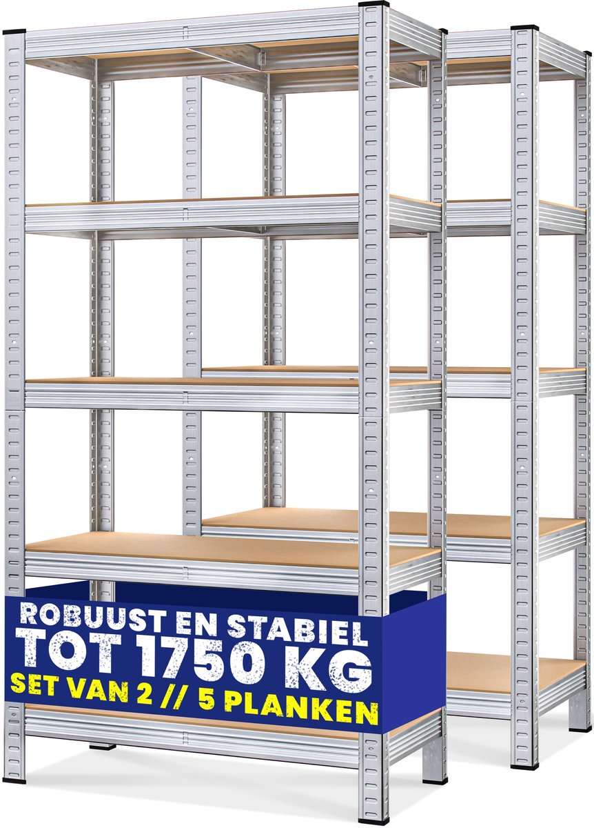 MONZANA Stellingkast Opbergrek Set van 2 180x90x40 cm - 875 kg totaal draagvermogen - 5 planken 175 kg per plank - Zilver