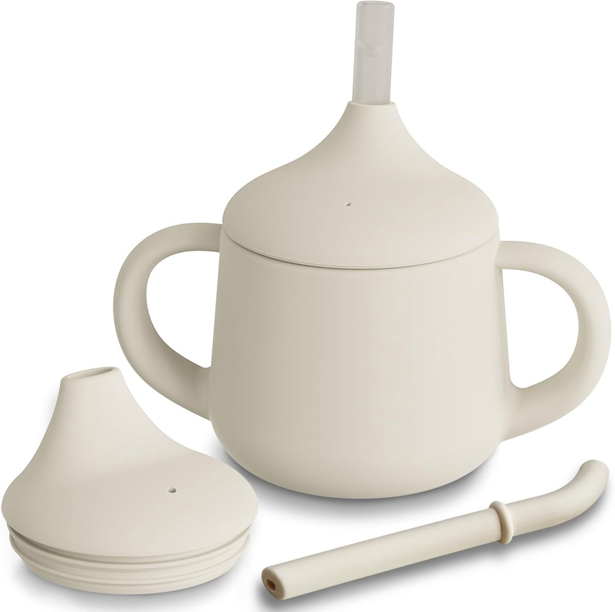 Drinkbeker, Spenen Sippy Cup voor baby's, 3 Step Trainingsbeker, Siliconen Tuitbekers, Babybeker met Handvatten en Rietje, Vaatwasserbestendig, 4 oz(Ivoor)