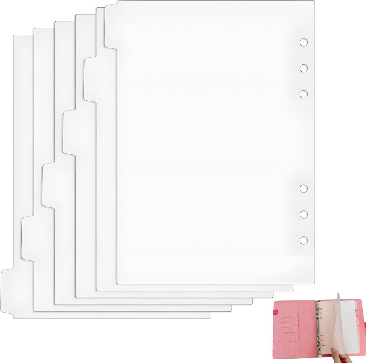 SnelShoppen - 6 Stuks Witte Plastic Mappen, A5 Scheidingsbladen met 6 Gaten voor Ringband, Tabs, Lege Notitieboek en Planner
