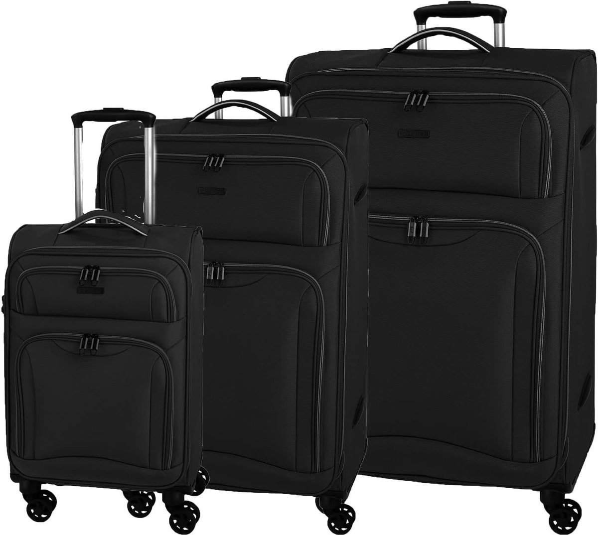 SnelShoppen - 3-delige Kofferset D & N Travel Line 9204 met 4 Wielen, Zwart, Soft Luggage, Uitbreidbaar, Garment Compartment en Buiten Pocket
