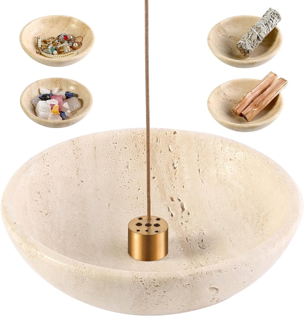 Ronde wierookhouder van natuurlijk marmer, diameter 15 x 4 cm, met 9 gaten voor wierookstokjes en backflow, ideaal voor meditatie en ontspanning