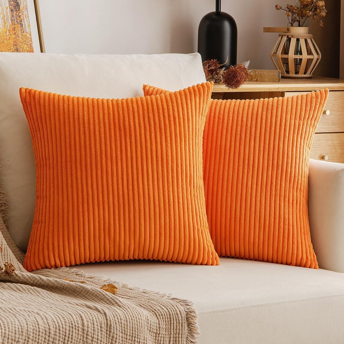 Kussenhoezen van corduroy in oranje met strepen voor woonkamer en slaapkamer, set van 2, 50 x 50 cm