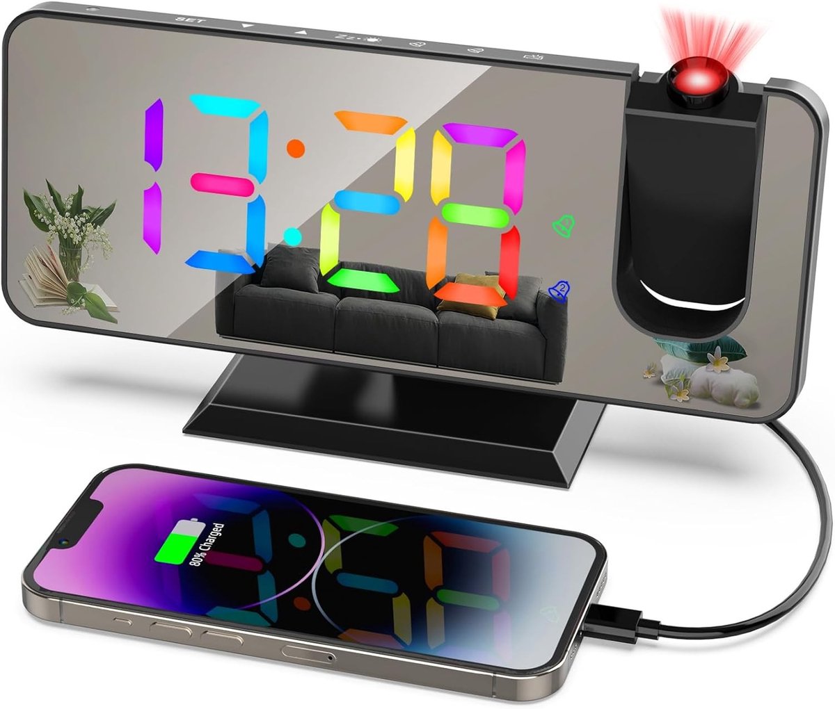 Projectie Alarmklok met 11 RGB Kleuren, LED Spiegelweergave, USB Oplaadpoort, Snooze Functie en 6 Helderheidsniveaus, Zwart Design voor Thuisgebruik