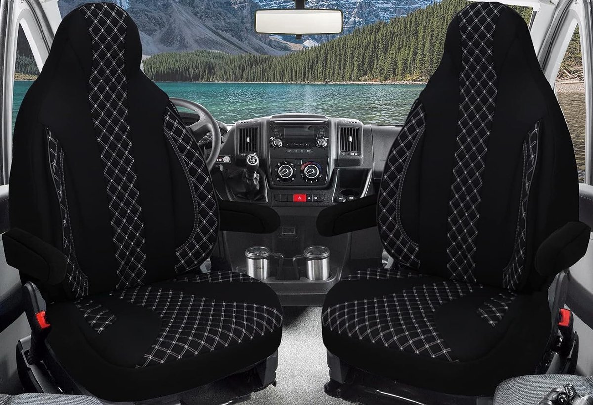 Stoelhoezen voor bestuurder en passagiers, set compatibel met camper FIAT Ducato, Pössl, Knaus, Adria, Carthago, Pilote Laika WPL408, zwart/wit