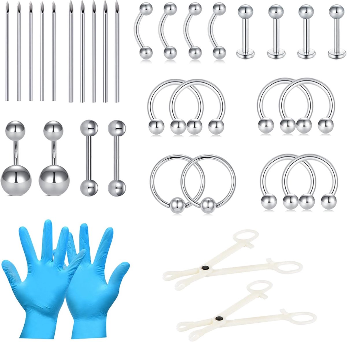 Professionele piercingset voor alle piercings, lichaamspiercings, 14G, 16G, 18G, 20G, piercingnaalden met roestvrij staal, oor, neus, septum, navel, , lippen, wenkbrauwen, smiley