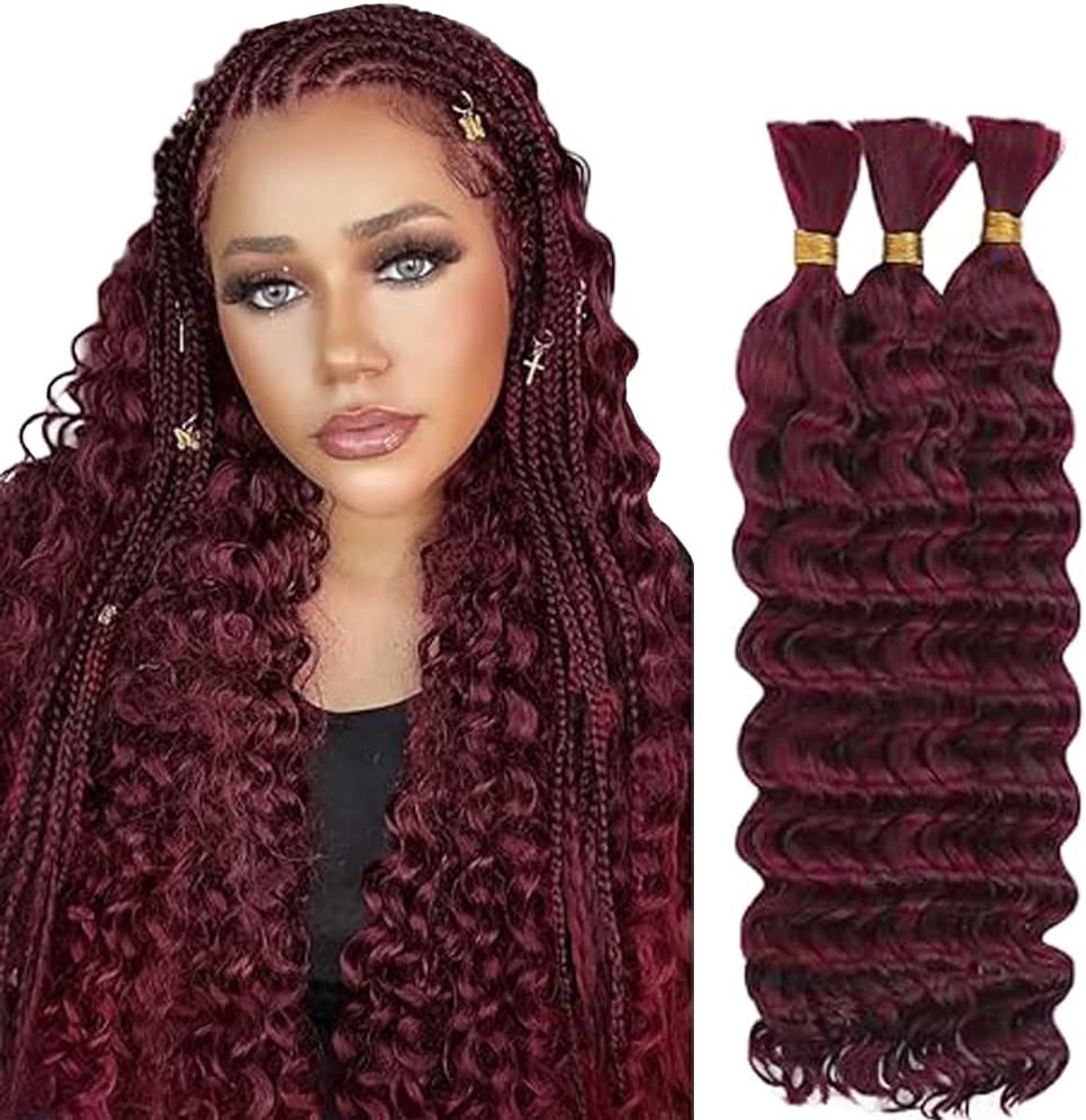 Wave Bulk Braiding Menselijk haar Bundles Unprocessed #99j Burgundy Human Hair Extensions For Boho Braids No Weft Curly Braiding Hair 50g/bundle Total 150g 20 20 20 Inch