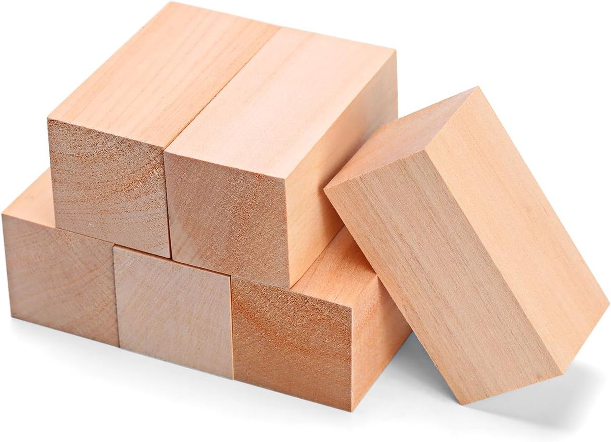 6 st. lindehouten snijblokken, grote onbehandelde blokken voor knutselen, natuurlijk hout voor handwerk & DIY, voor beginners, 10×5×5 cm