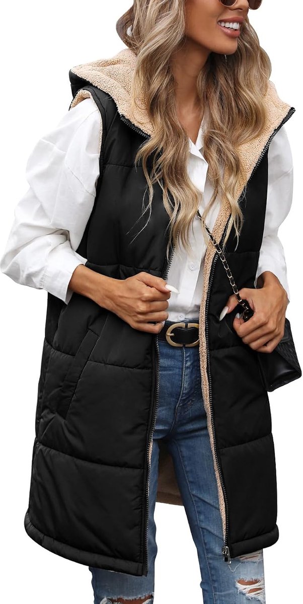 Bodywarmers voor dames, gewatteerde bodywarmers met ritssluiting, gewatteerd vest voor dames, lange bodywarmers met capuchon, mouwloos, donsjas, fleece, dik vest, wintervest