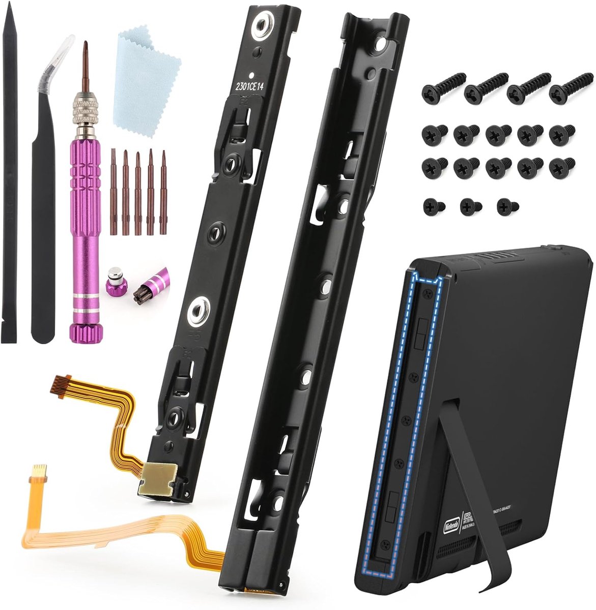 2 stuks linker- en rechterschuifrails voor Nintendo Switch, reserveonderdelen van de schuifrails met flexkabel, compatibel met Nintendo Switch console-rails, met reparatiegereedschap