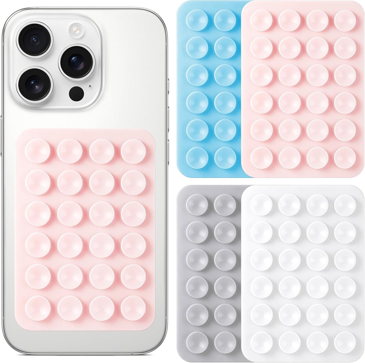 4 x siliconen zuignaphouder voor telefoon (4 kleuren) | Zelfklevende telefoonhouder met zuignap om op spiegels, glas, tegels, voor selfies of video-opnames