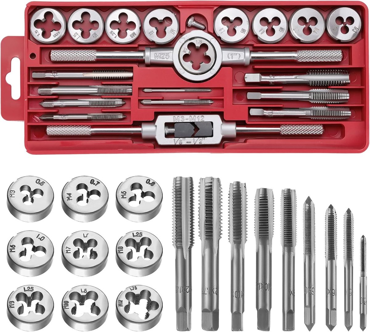 20-delige draadsnijderset, M3-M12, metrische schroefdraad- en snijmatrijzen set van gelegeerd staal, binnen- en buitendraad, reparatieset (rood, 20 stuks)