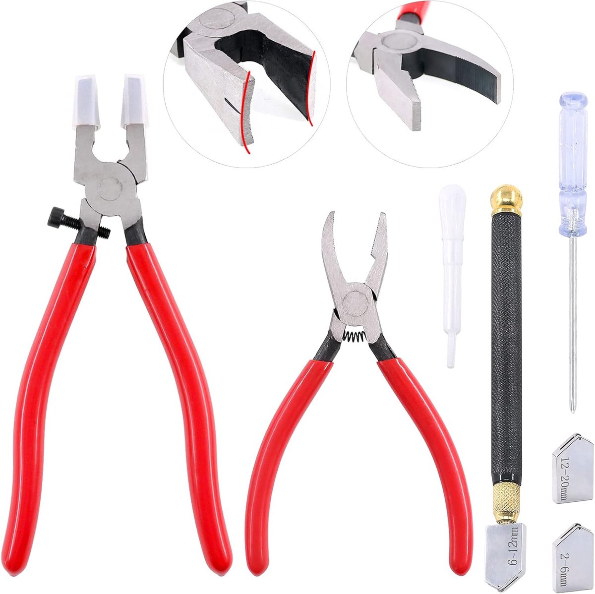 Professionele glassnijdergereedschapset met glasbreektang, glazen looptang, 2 mm-20 mm olievoeder hardmetalen punt met 2 vervangbare messen voor spiegels/ramen/mozaïek/gebrandschilderd glas