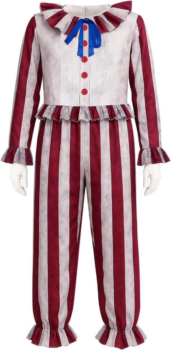 Mannen Flando de Clown Kostuum Jumpsuit Cosplay Cornfield Killer Handschoenen Horror Rood en Wit Verticale Strepen Bodysuit Halloween Pak