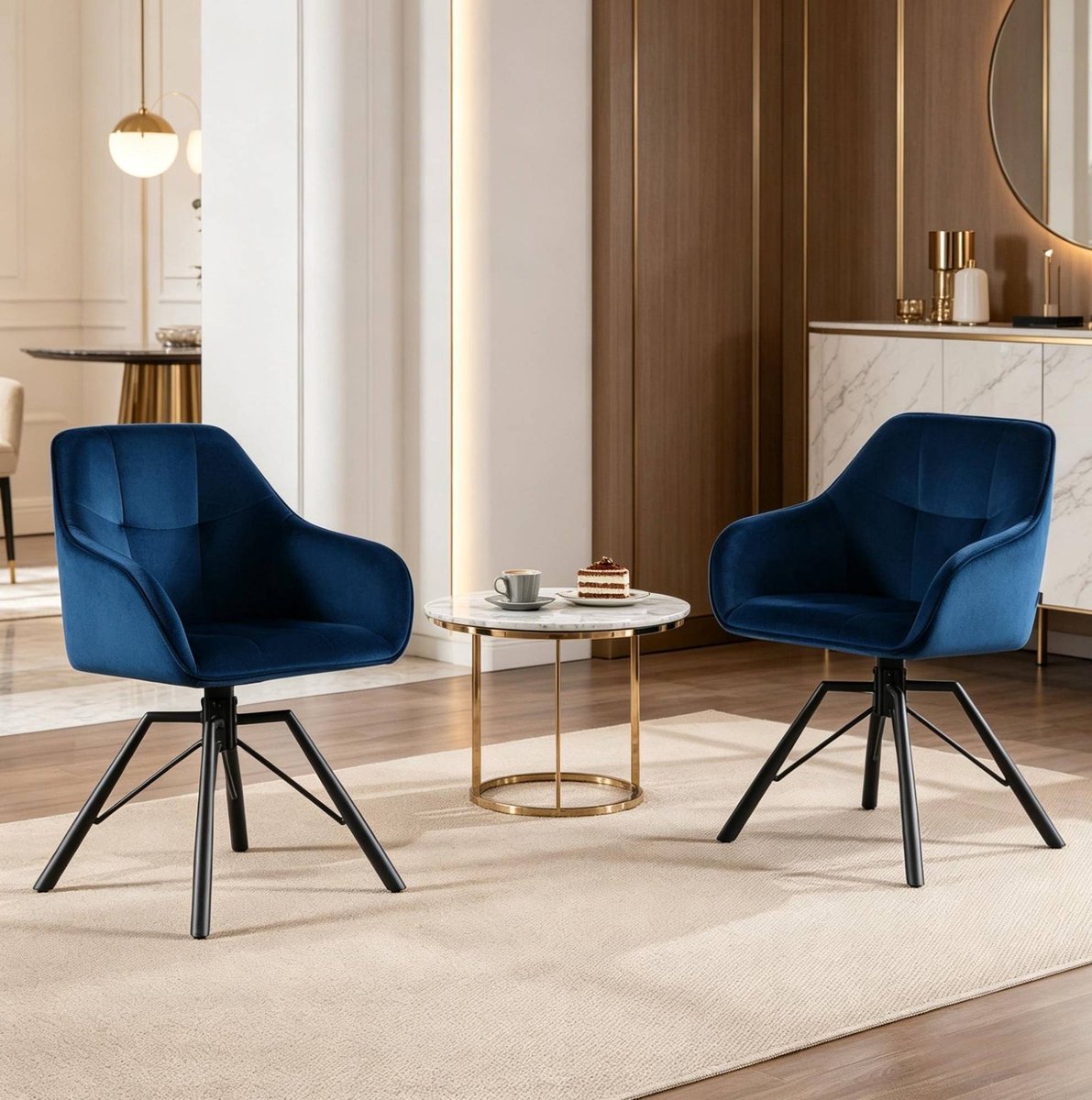 MIVRAY Eetkamerstoel 57 Cm - 360° Draaibaar Met Armleuningen - Set Van 2 Voor Eetkamer, Keuken En Dressing - Fluweel - Blauw