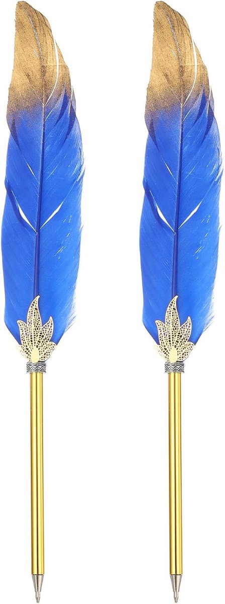 Veren Pen Quill, 2 stuks veer balpen bulk verfijnde vintage veer kalligrafie pen voor gast handtekening bruiloft bruids kantoor schrijven, donkerblauw