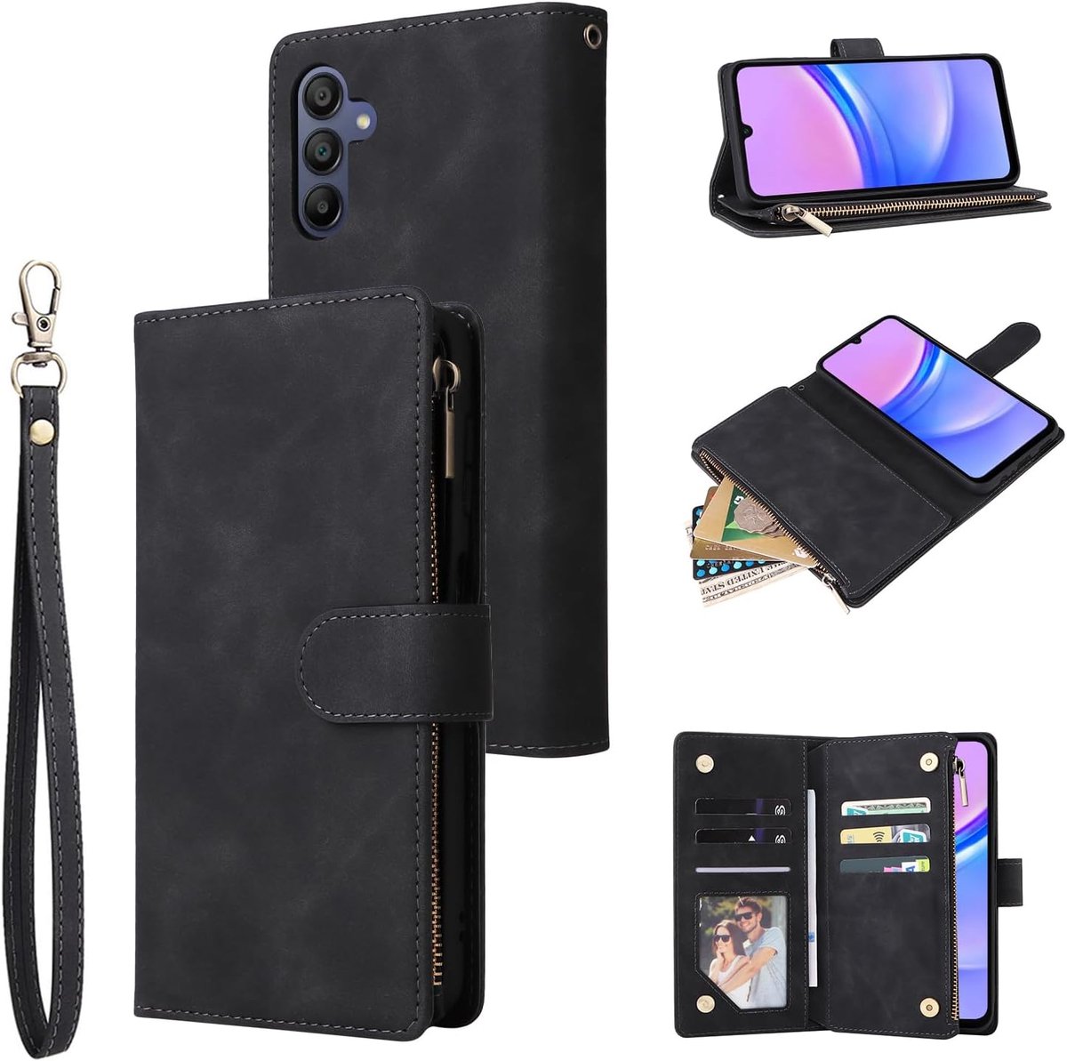 Hoes voor Samsung Galaxy A16 5G/4G, premium lederen telefoonhoes met grote capaciteit, 6 kaartvakken, 1 ritssluiting, standfunctie, beschermhoes voor Samsung Galaxy A16, zwart