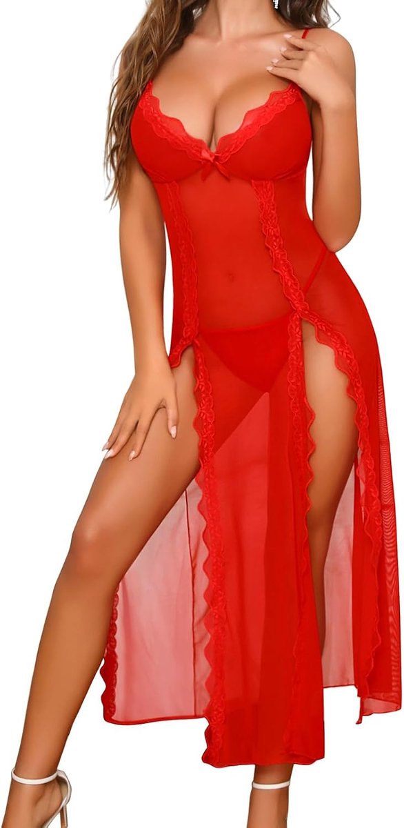 Sexy lingerie voor dames, babydoll, transparant, kant, lang net, nachthemd, pyjama, V-hals, zijsplit, sexy negligees, kleding met tanga