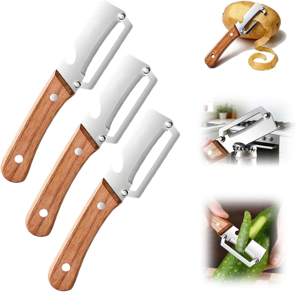 Snag houtschiller RVS - 3-in-1 groentenschiller met houten handvat en flesopener, ergonomisch voor aardappel appel wortel (3 stuks)