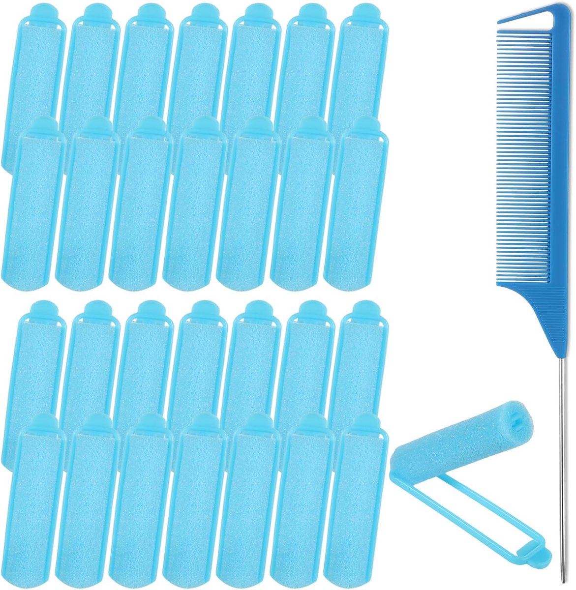 Set met sponshaar, zelfgrip, hitteloos schuim, krulspelden voor lang haar, medium en kort haar, geen hitte, krulspelden en rollers (29 stuks blauwe kleur)